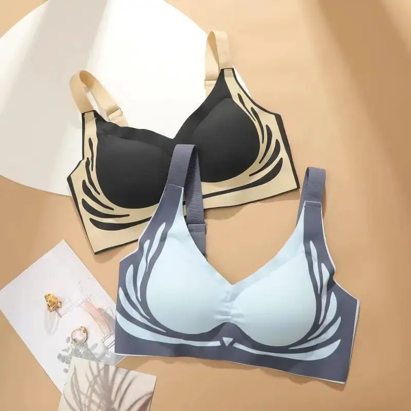 Two-piece push-up bra set with angel-wings pattern, seamless, no-wire, breathable in black/beige and blue/gray