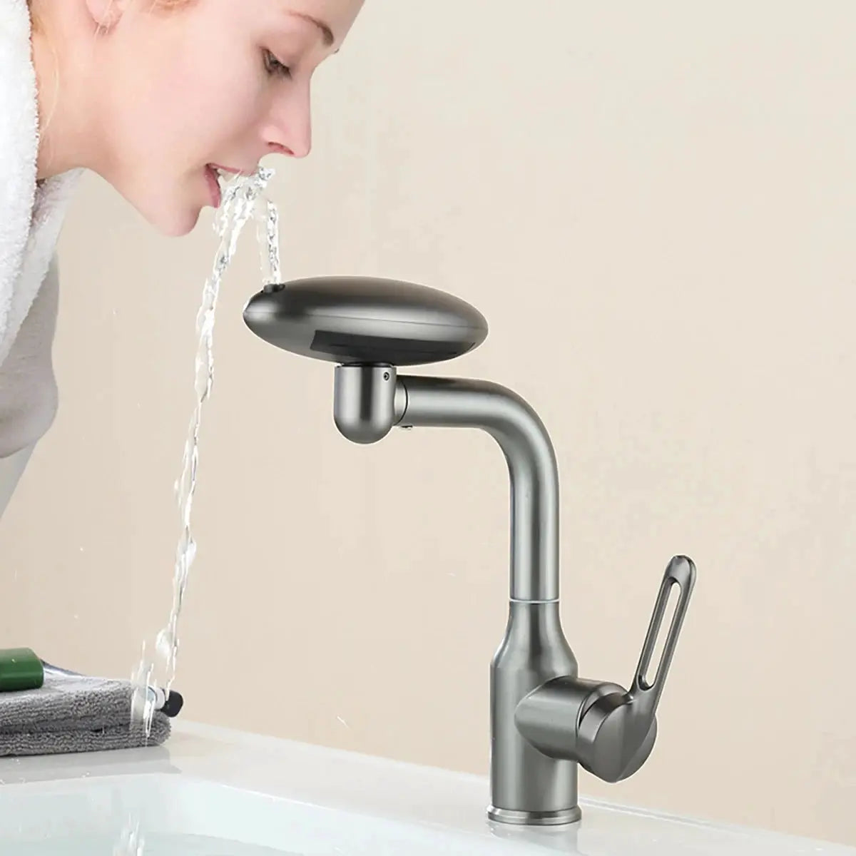 Simples Market 4-mode waterfall basin faucet with 360° rotation, hot/cold water, matte silver finish.