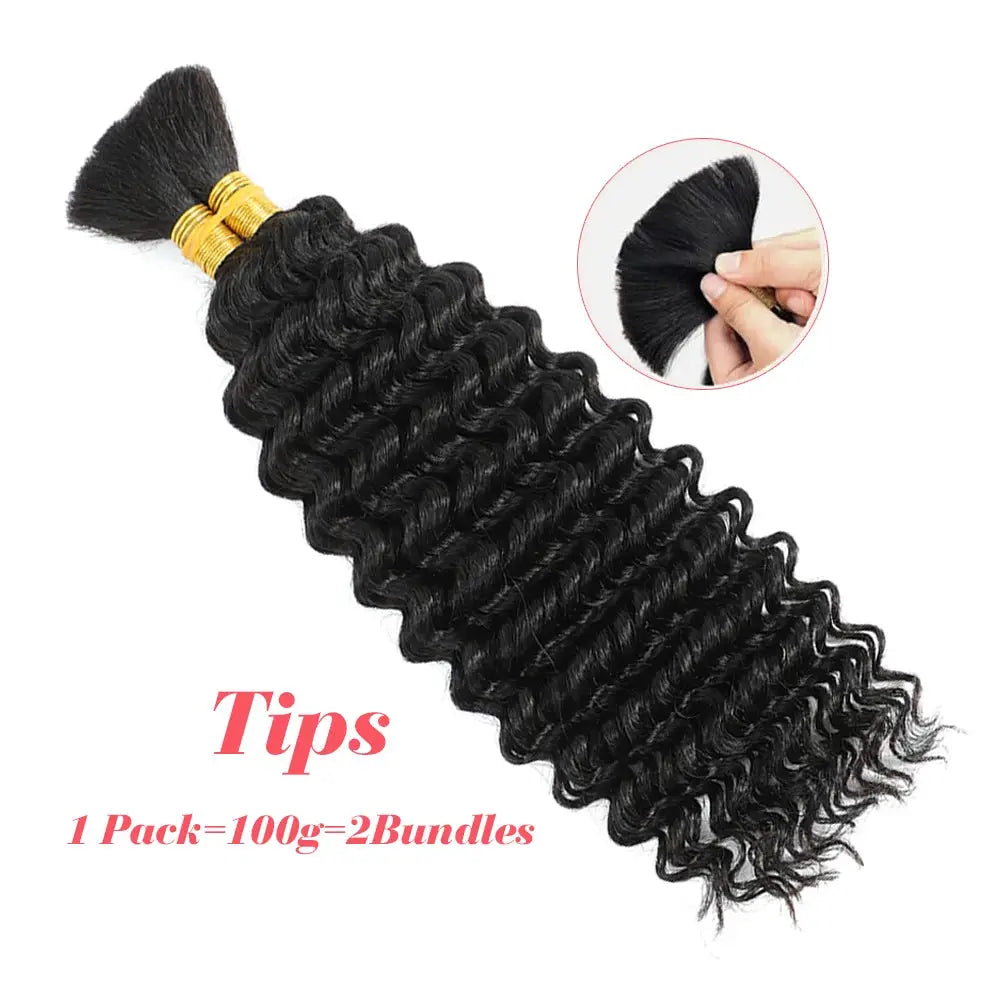 Human braiding hair deep wave bulk bundle, no weft, black curls.