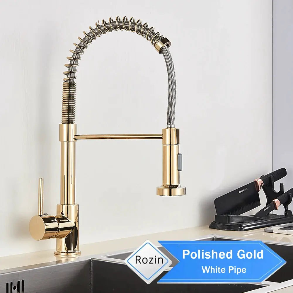 Rozin polished gold kitchen faucet, deck-mounted mixer with 360-degree swivel and pull-down spray nozzle