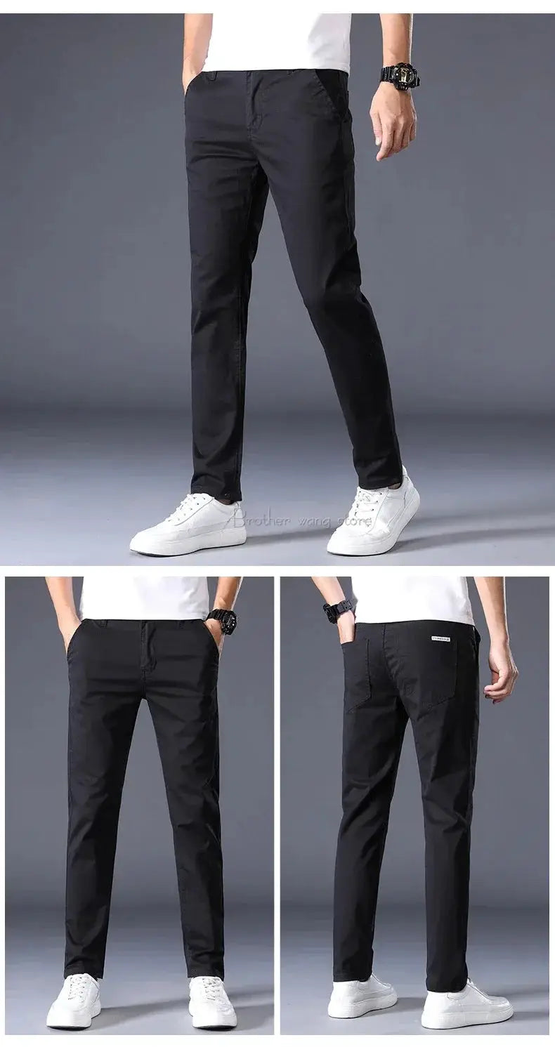 Simples Market men's cotton summer pants, black, elastic waistband, straight slim fit, shown in front and back views