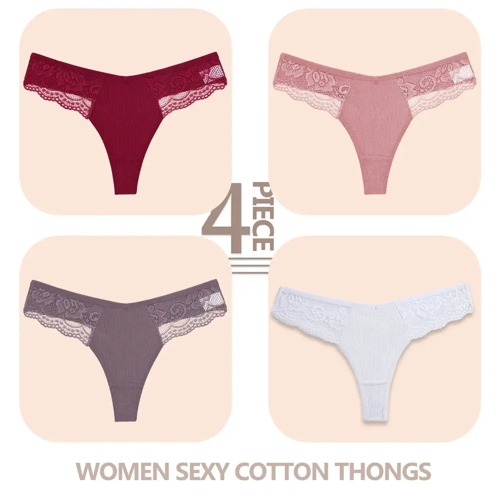 4-piece women's cotton lace thong set in red, pink, mauve, and light blue