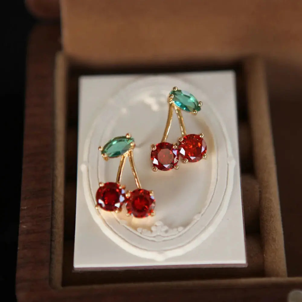2024 Red Zircon Cherry Leaf Stud Earrings For Women Fashion Jewelry Crystal Accent Party Prom Birthday Wedding Gift