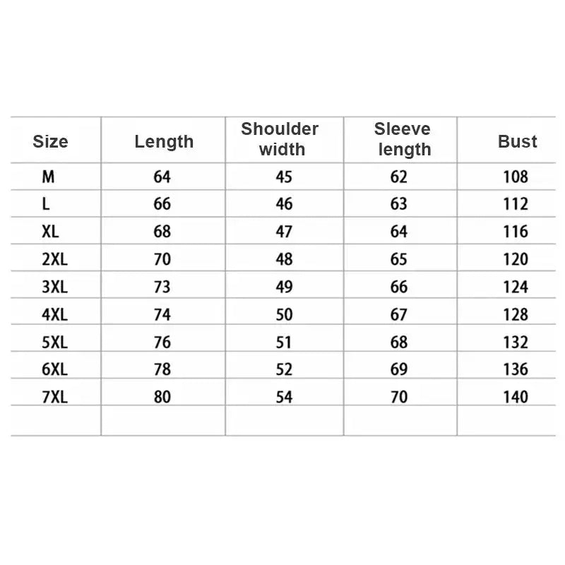 Men's shiny jacket size chart by Simples Market with measurements from M to 7XL: length, shoulder, sleeve, bust