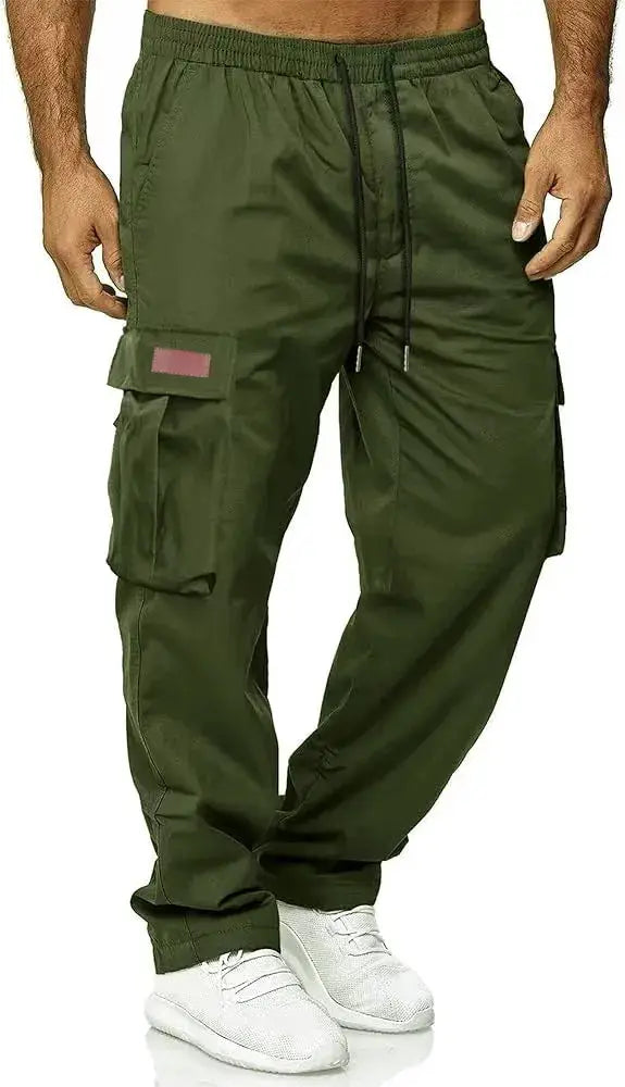 Men's olive green cargo work pants with drawstring waist and multiple pockets