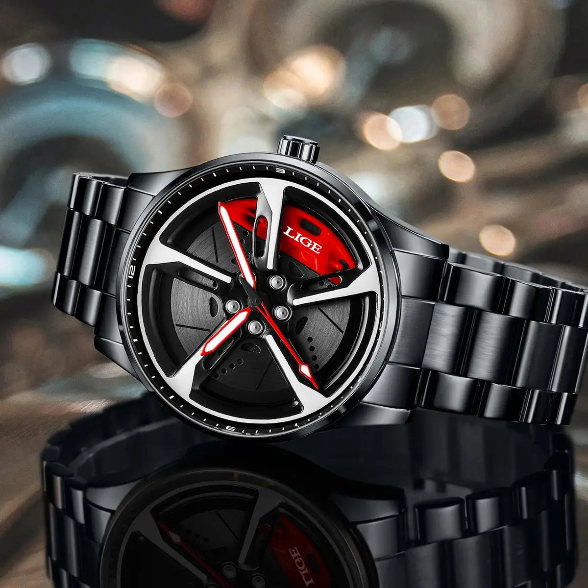 LIGE sport watch with car wheel rim-inspired dial, stainless steel band, black and red accents, waterproof