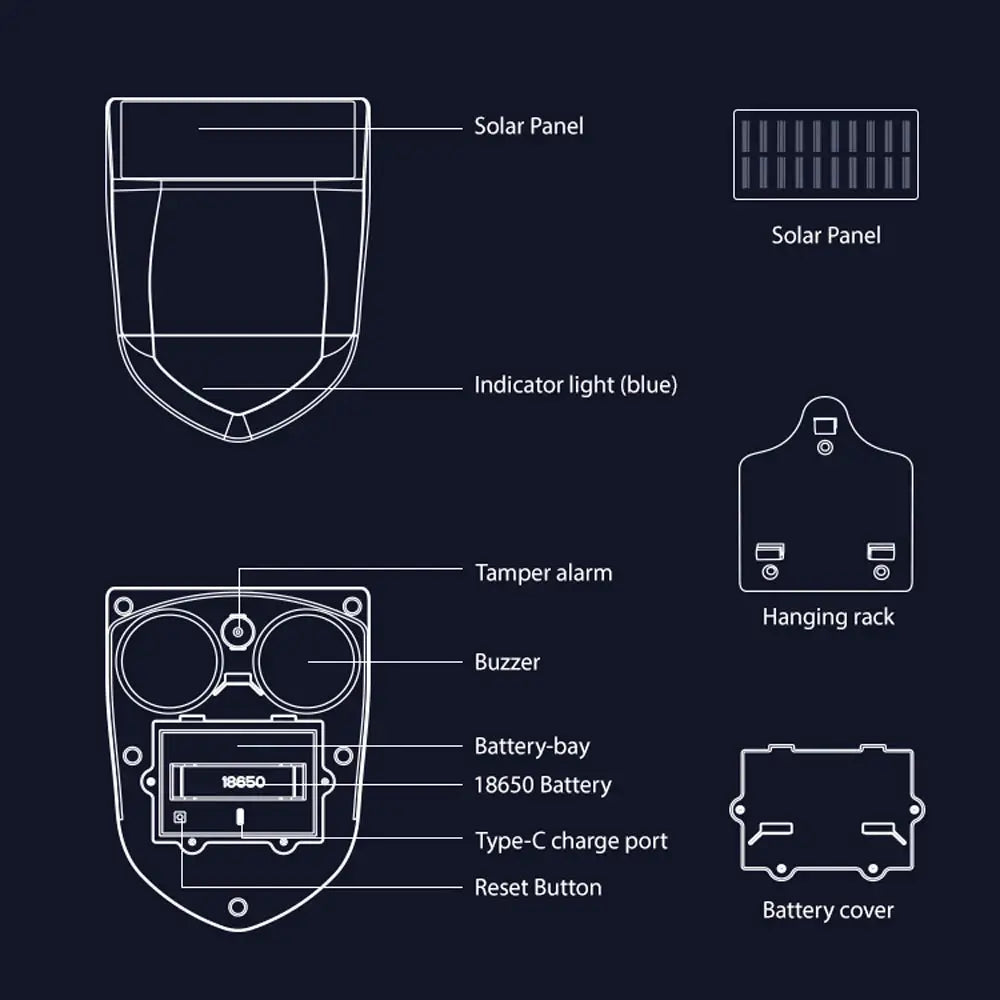 Simples Market Tuya Smart outdoor waterproof siren alarm with solar panel and USB-C power, 95dB buzzer and battery components diagram