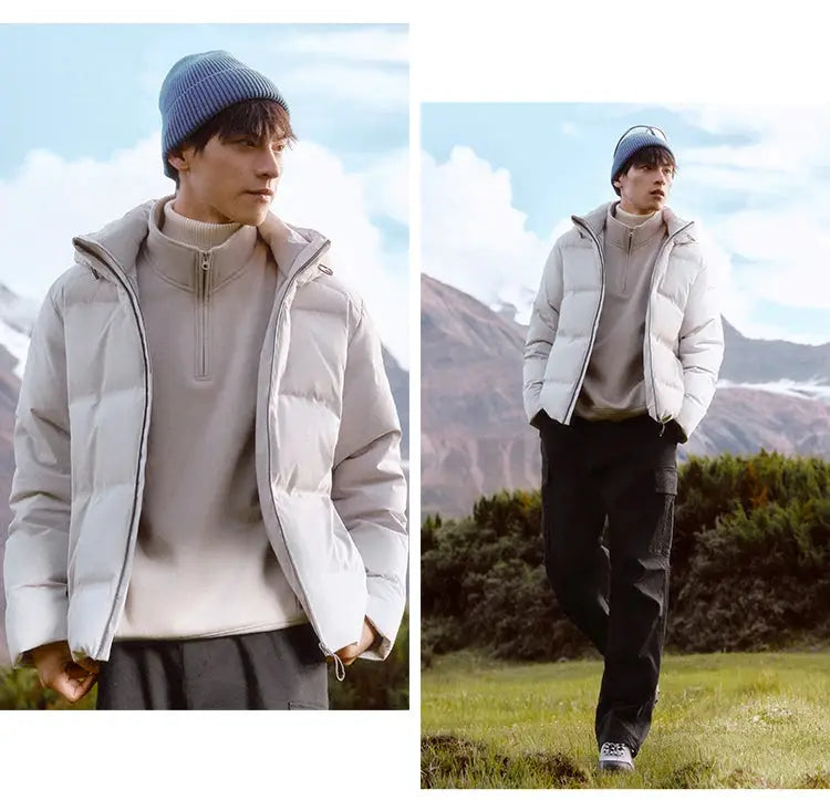 Semir men's light gray down jacket with hood; water-resistant outerwear shown in two outdoor poses.