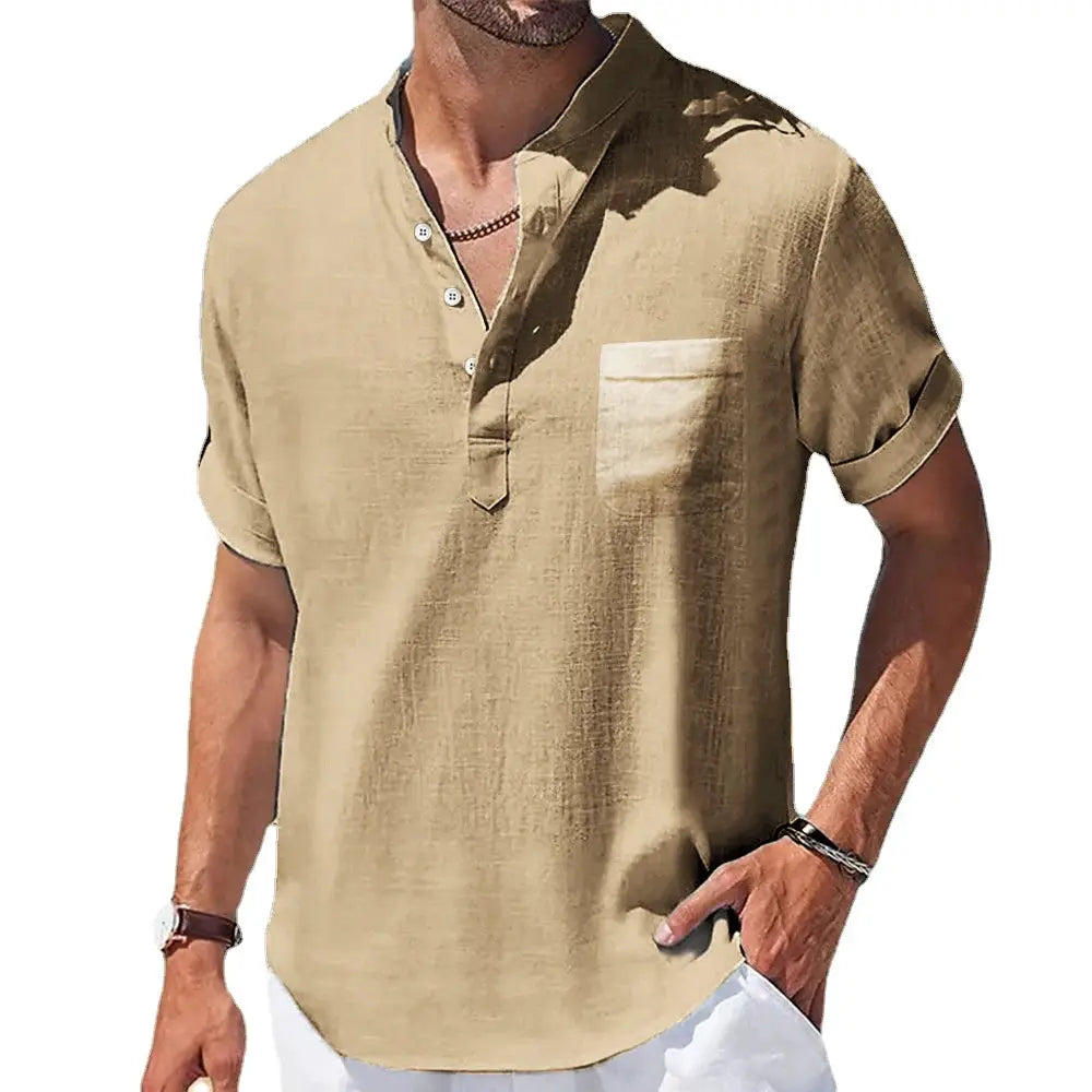 Simples Market men's linen short-sleeve shirt with rolled cuffs, beige, stand-up collar, chest pocket