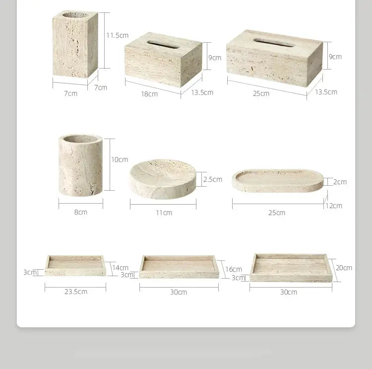 Beige travertine bathroom accessories set, 9-piece including soap dispenser, soap dish, reed diffuser, and vanity trays