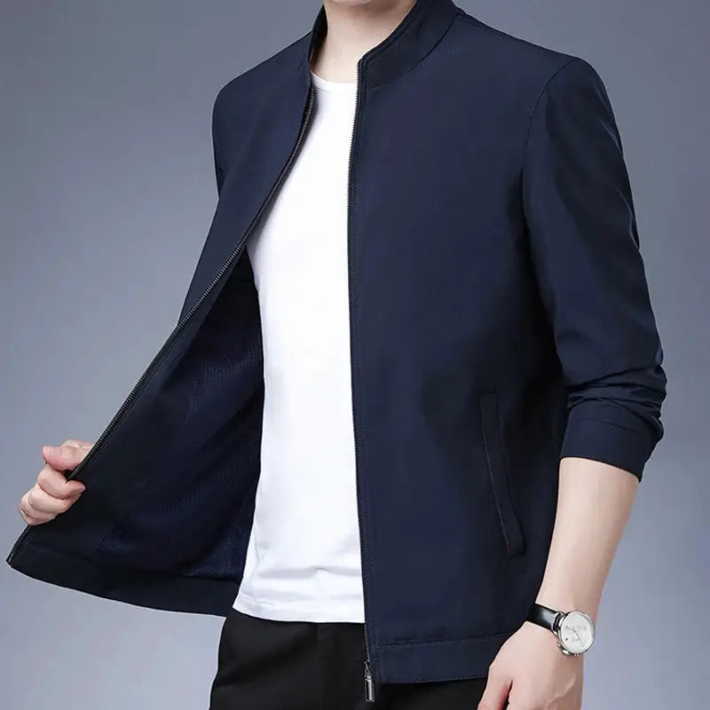 Men's navy zip-front jacket with stand collar and side pockets by Simples Market