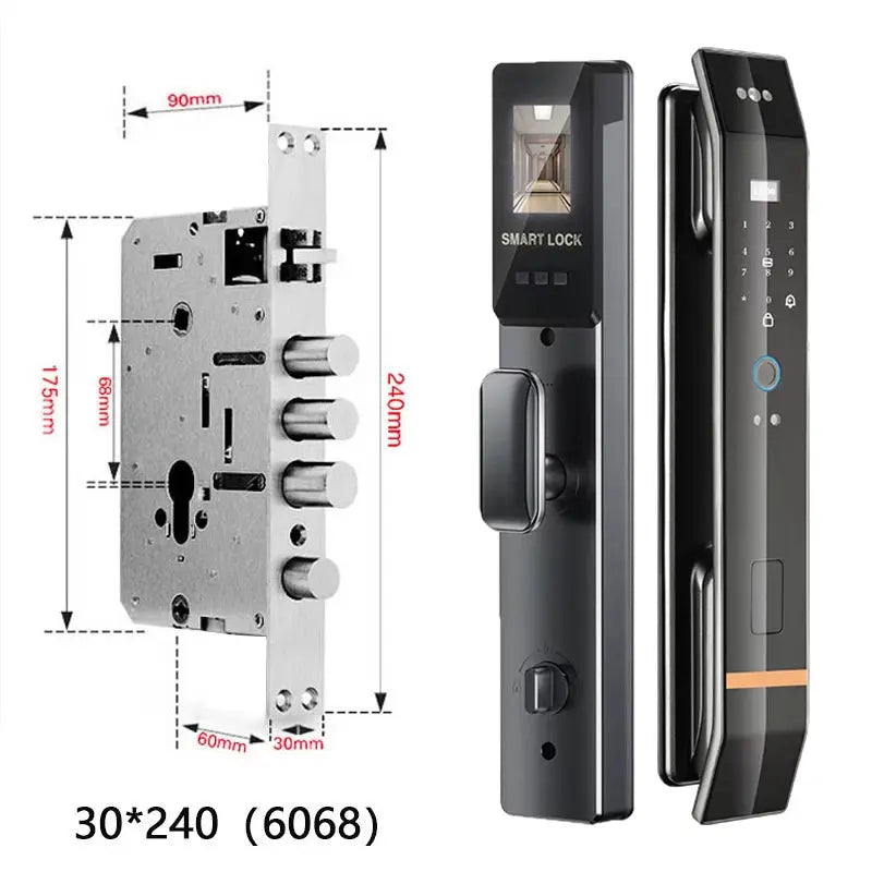 3D Face Smart Door Lock 2-piece set with black touchscreen panel and silver mortise lock