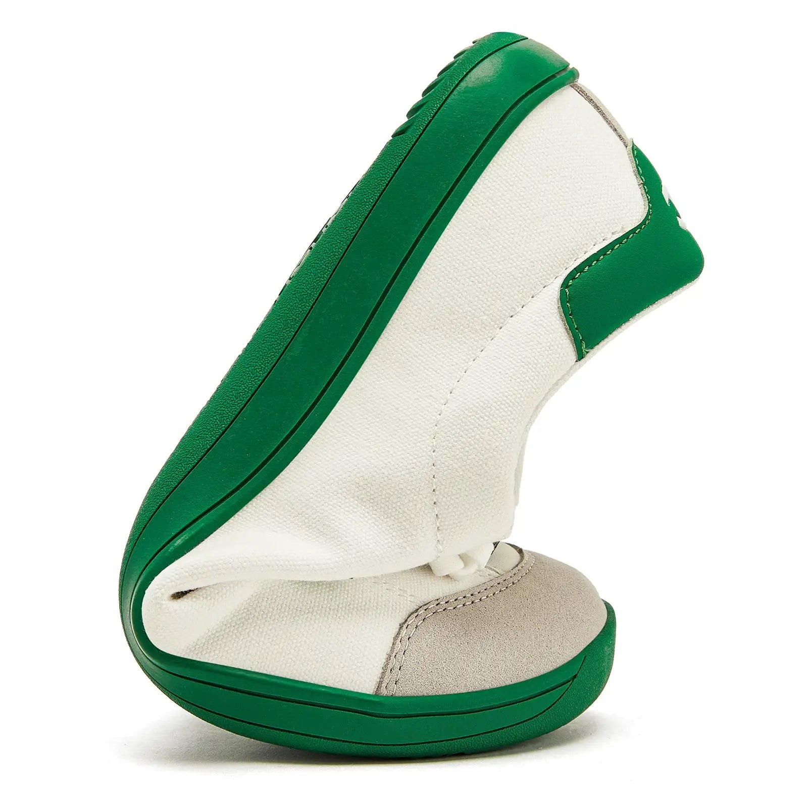HOBIBEAR wide-toe barefoot canvas sneaker, white upper with green sole.