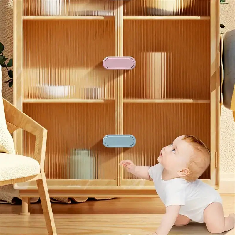 Simples Market 3-piece invisible magnetic child safety cabinet locks; purple and blue locks on a wooden cabinet