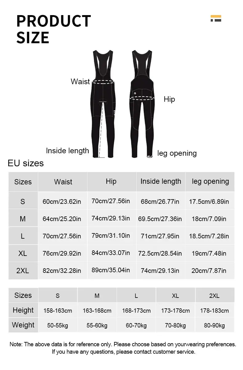 INBIKE men's fleece winter cycling set with long-sleeve jersey with pockets and bib pants, black, EU size chart.