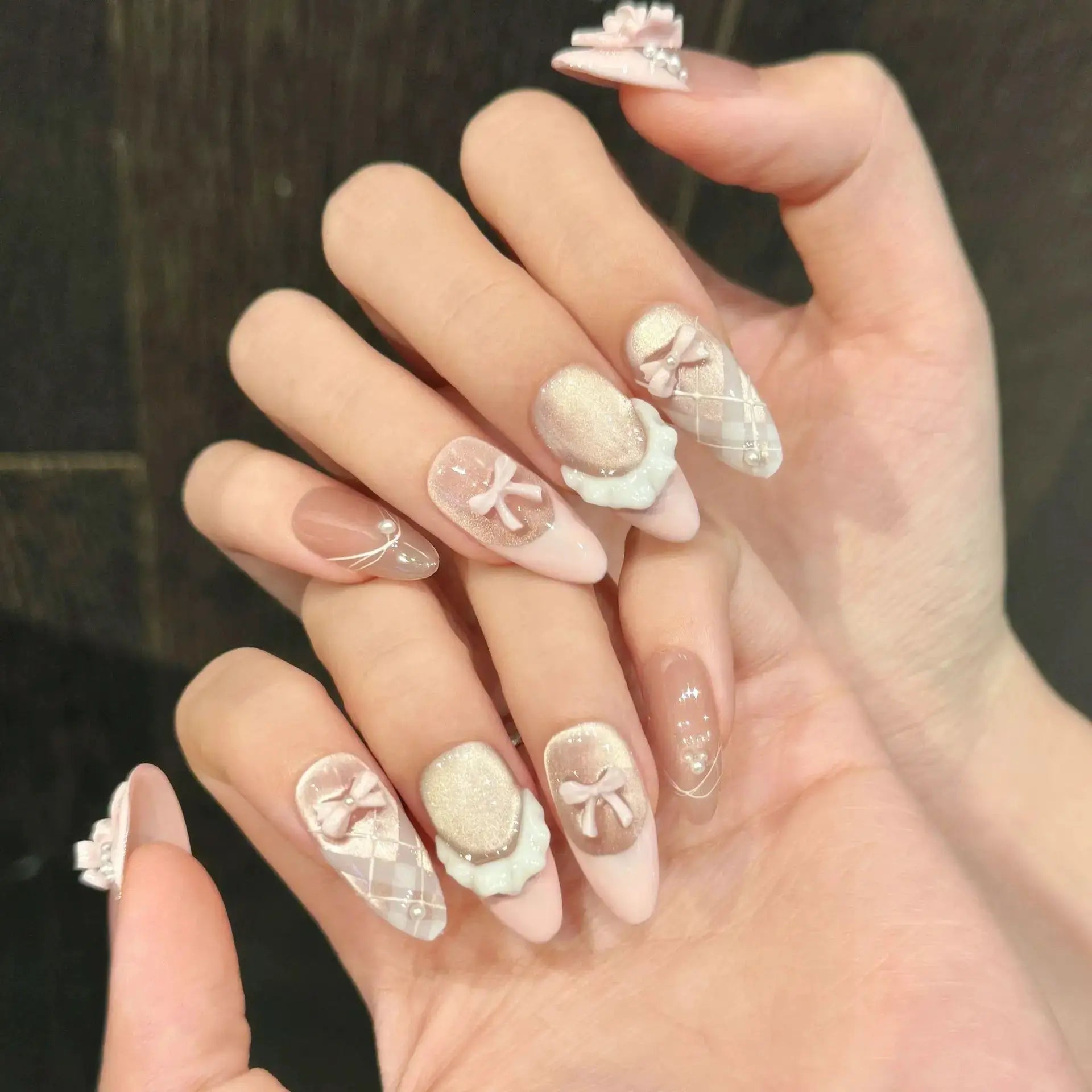 LuxeNail Cat Eye French Press On Nails With Pink Bow Decor Full Cover Almond Tips