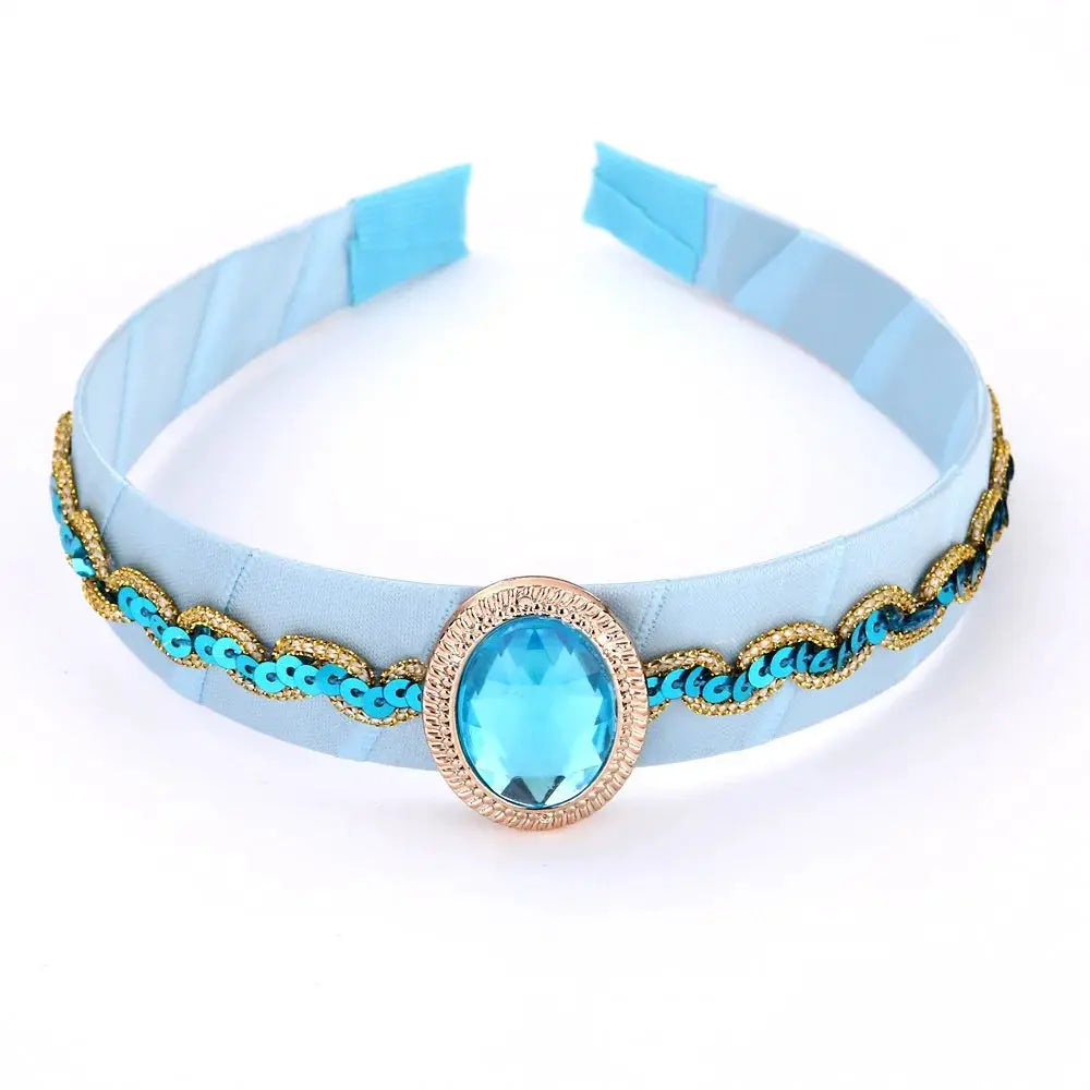Elsa princess crown headband for girls, light blue fabric with gold chain trim and oval blue gemstone centerpiece