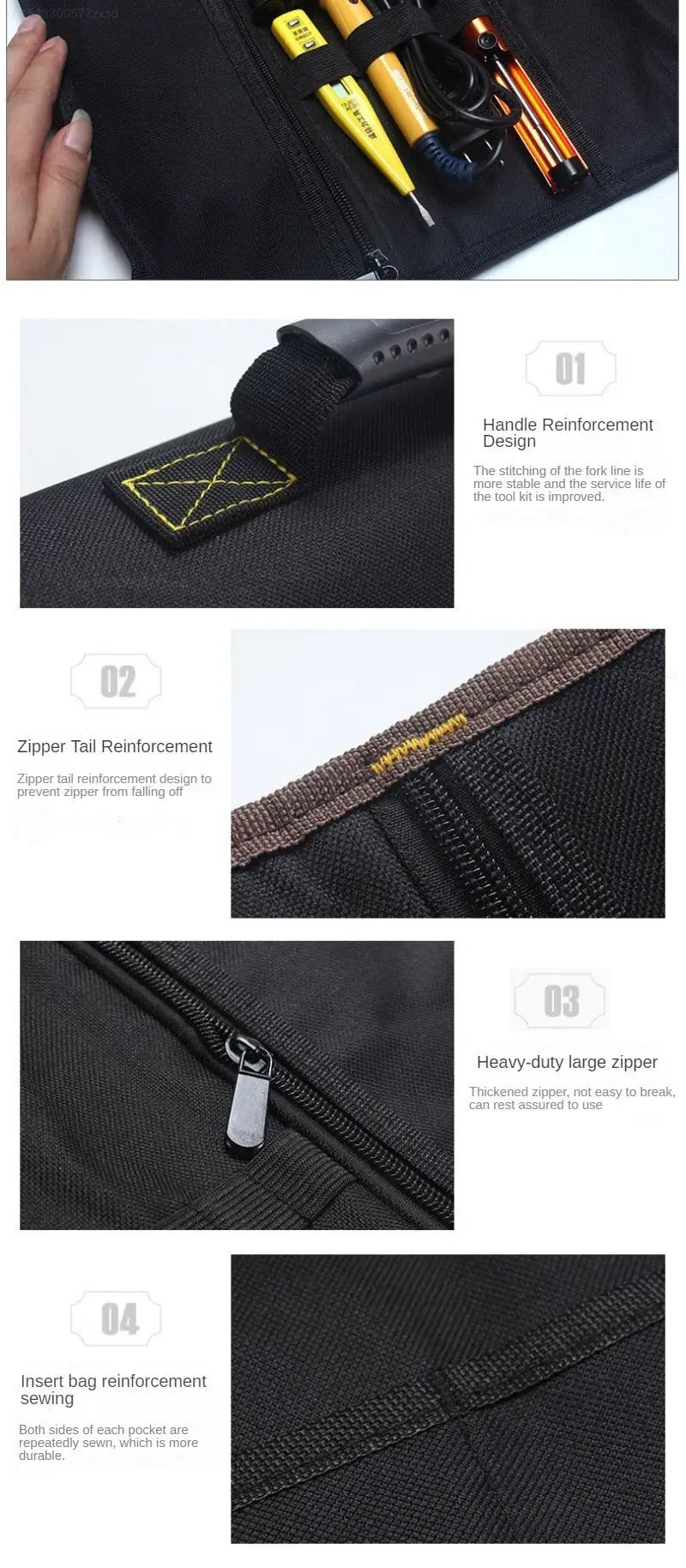 Simples Market multifunction tool bag in black Oxford canvas with reinforced handle and heavy-duty zipper