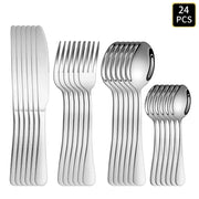 4 6 16 24 Piece Set Silver Stainless Steel Cutlery With 1010 Round Handle Knife Fork Spoon For Family Dinners And Hotels