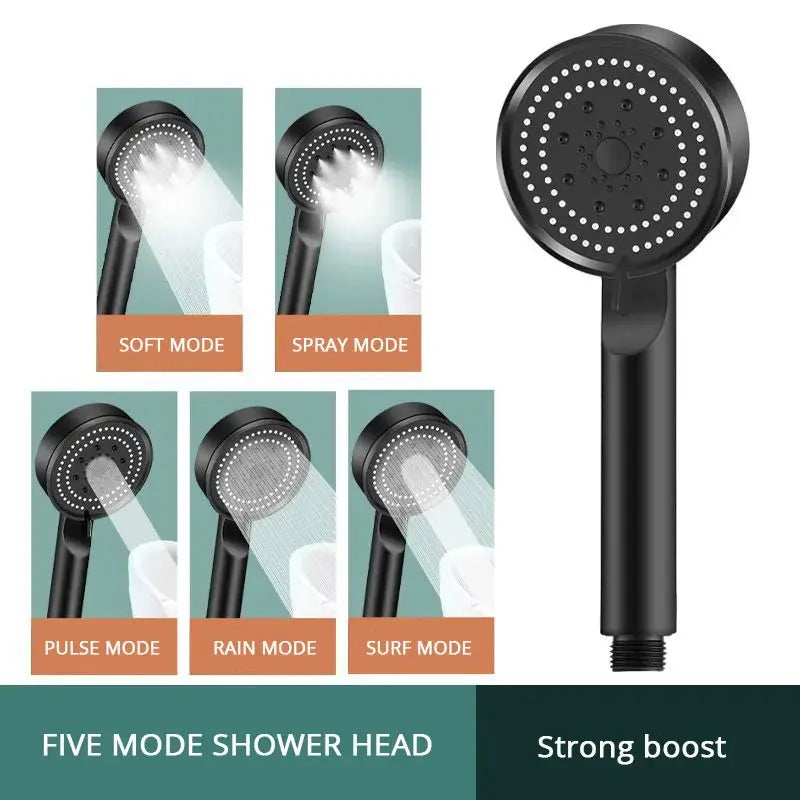 5 Mode Pressure Boost Shower Head With Adjustable Spray Modes And One Button Water Stop ABS Plastic Shower Accessory