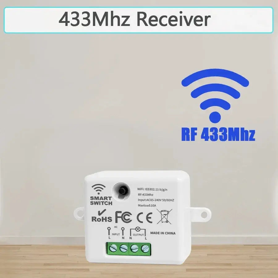 Wireless RF433MHz smart switch receiver module by Simples Market; white wall-mount with green terminal block