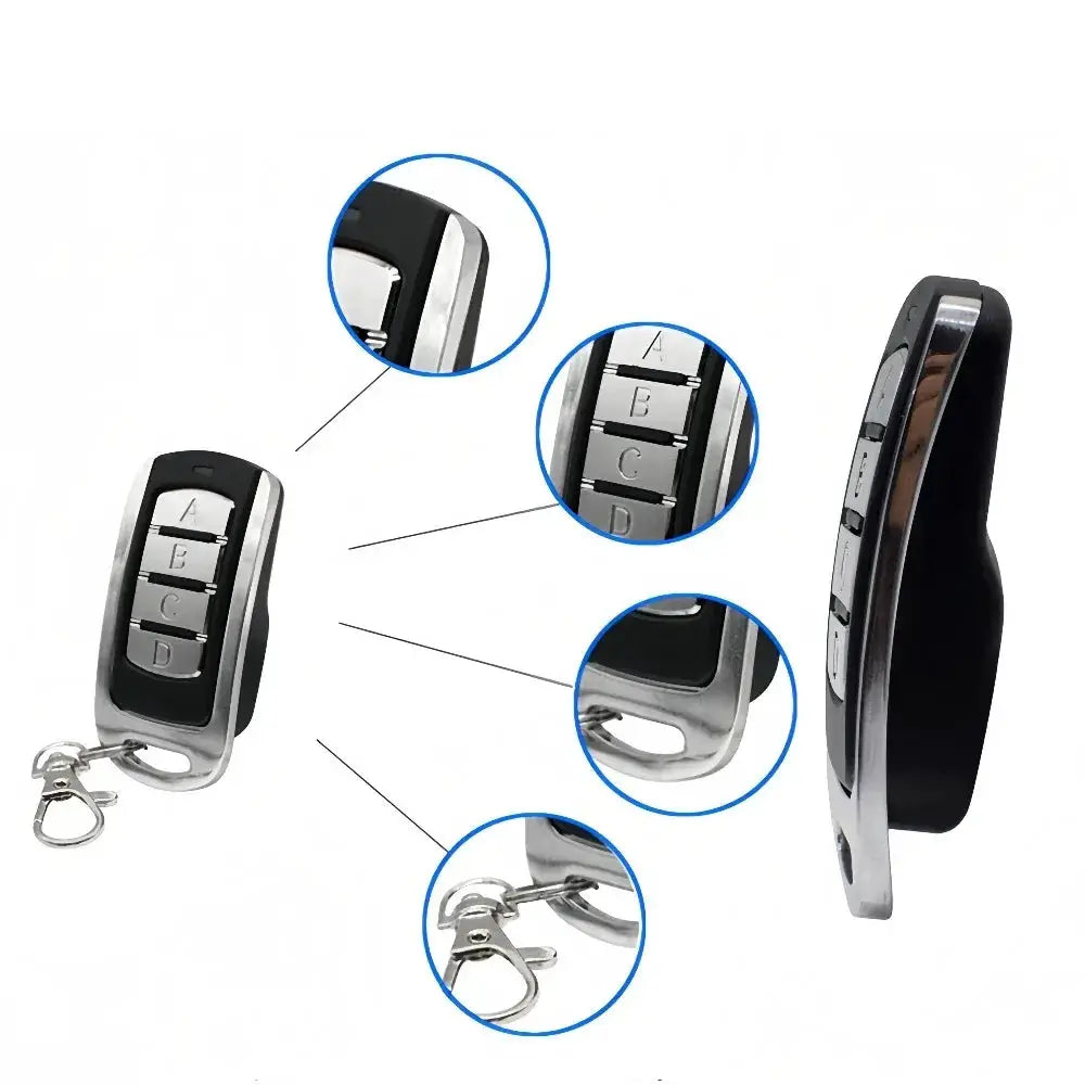 Simples Market 4-button garage gate remote keychain, black with chrome, multi-frequency 280–868 rolling-code clone