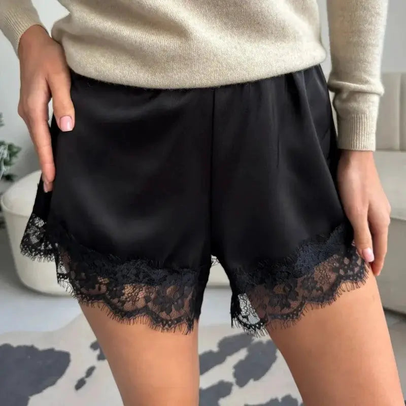 Women black satin shorts with lace trim hem and elastic waist
