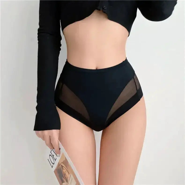 Womens high-waist shaping panties with mesh side panels, black by Simples Market