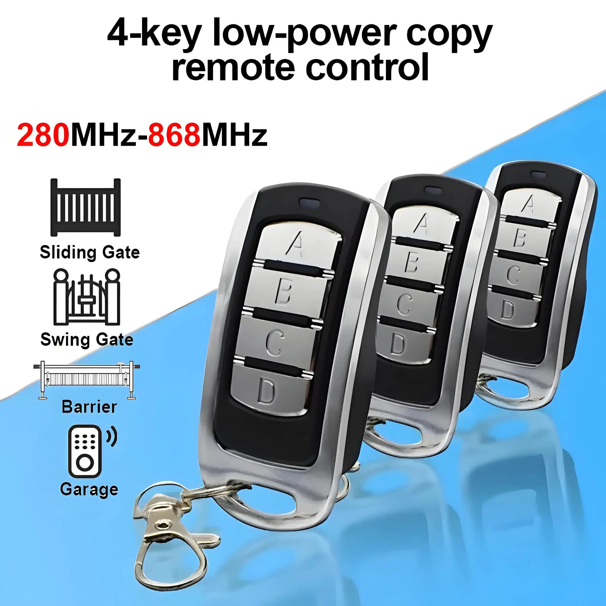 Garage gate remote controls, set of four black and silver keychain fobs, 280–868 MHz multi-frequency.