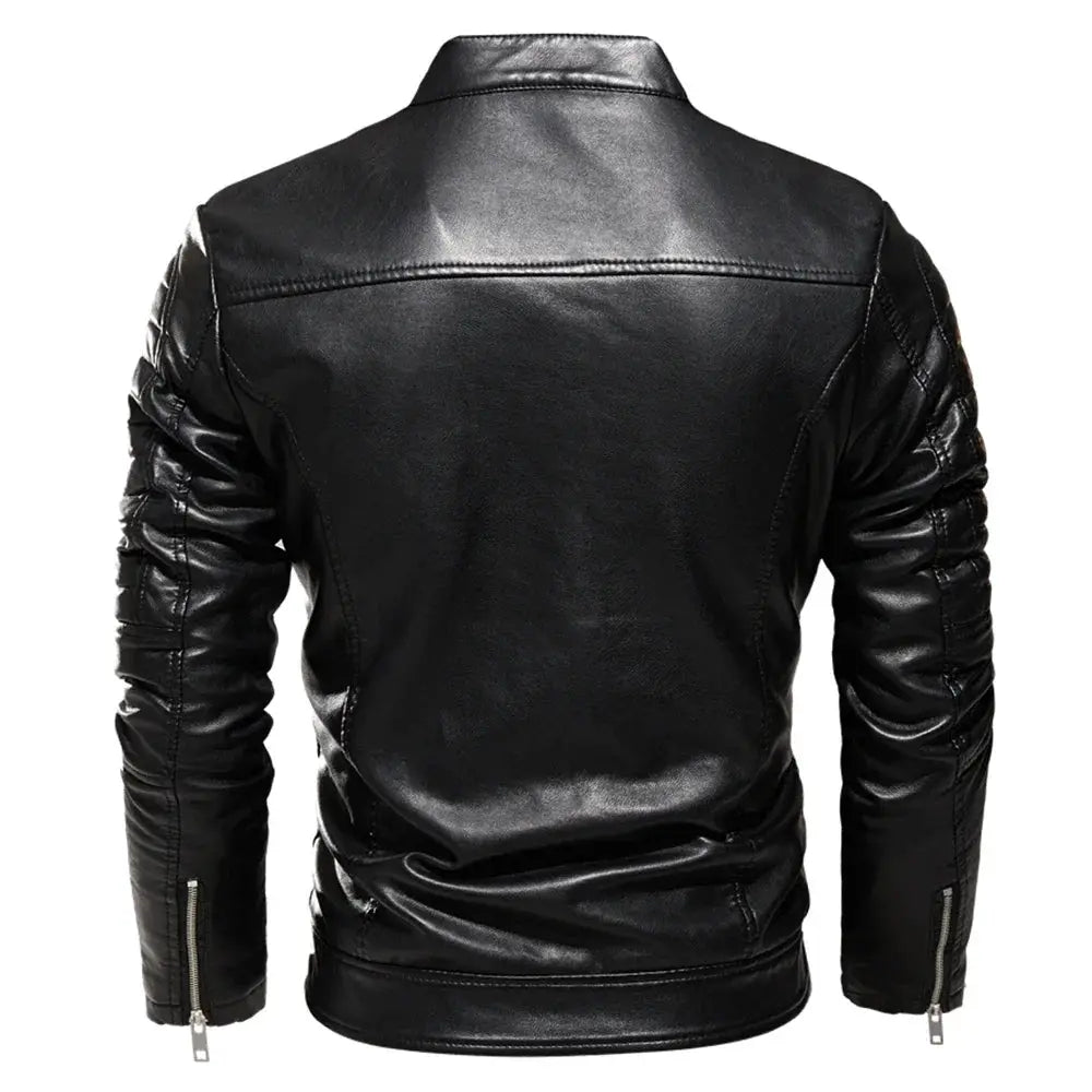 Black leather men's motorcycle jacket by Simples Market; back view with zippered cuffs.