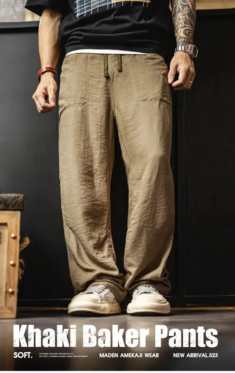 Maden men's linen-blend Baker pants in khaki with elastic waist, loose fit, Simples Market