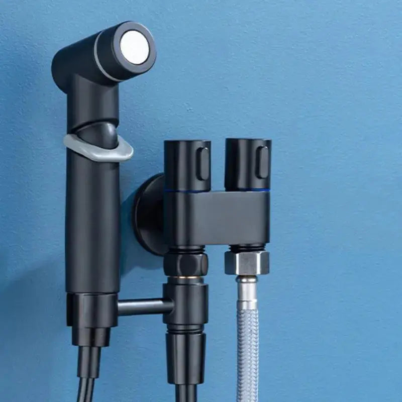 Hygienic shower bidet sprayer with double-outlet wall-mounted valve and braided hose, black finish