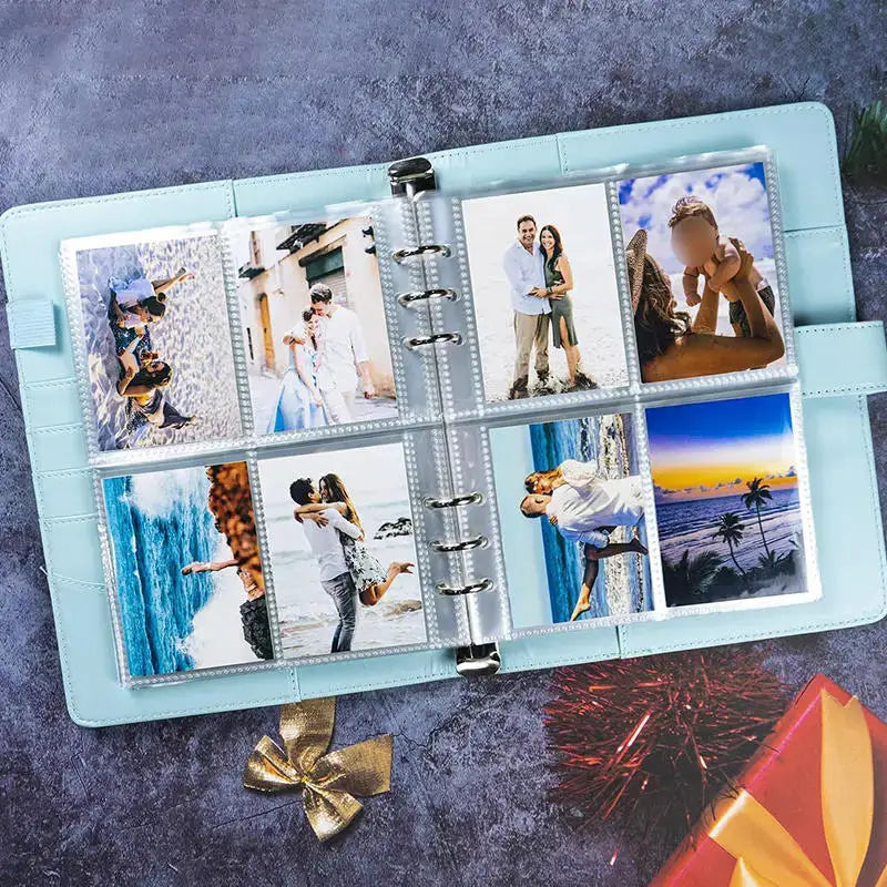 A5 photocard binder with 6-ring PU leather, light blue, 4-pocket sleeves, holding 8 photos.