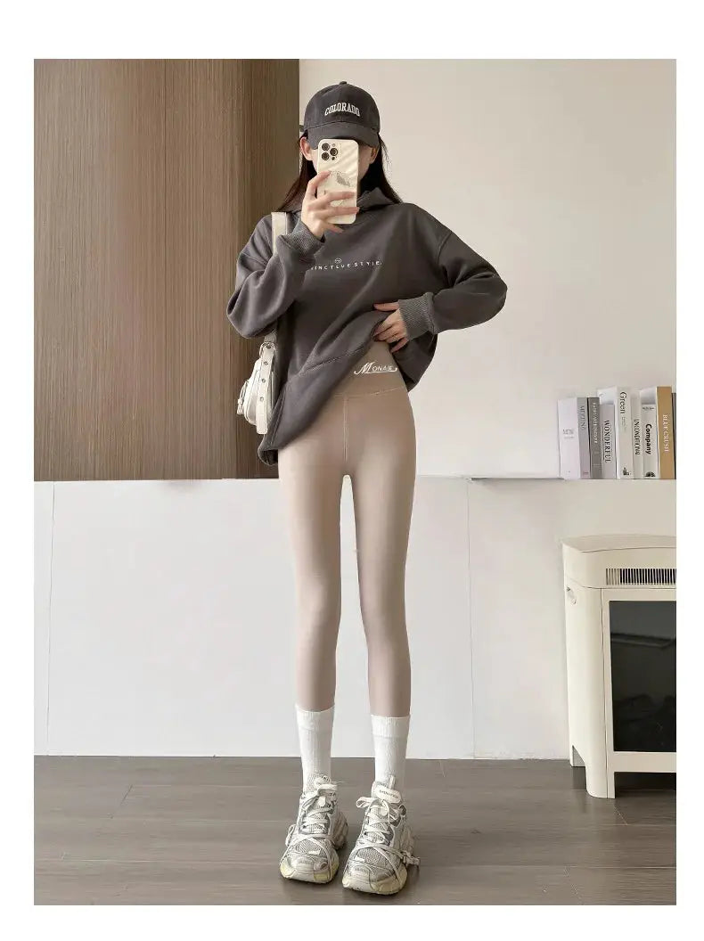 Winter cashmere leggings for women in beige, high-waist, slim, warm stretch pants