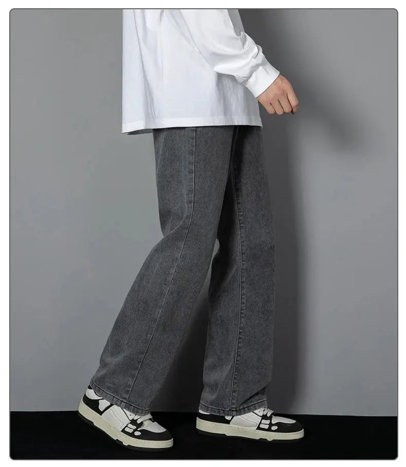 Simples Market men's casual long jeans, straight wide-leg denim in dark grey.