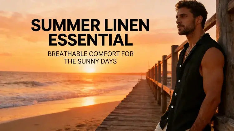 Simples Market men's sleeveless cotton-linen shirt, black with turn-down collar and button-up front.