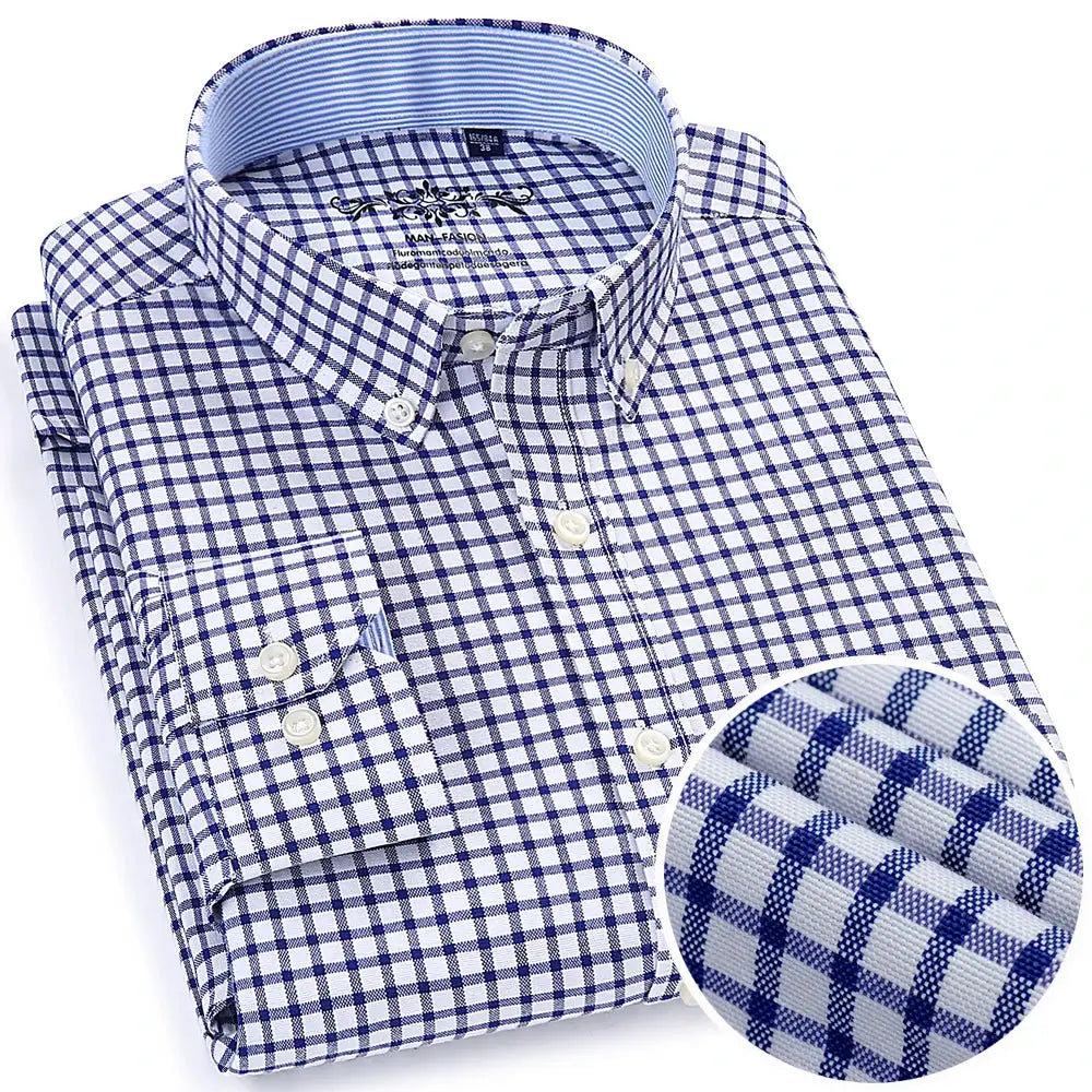Men's blue and white check Oxford shirt with single chest pocket, long sleeves, button-down, regular fit