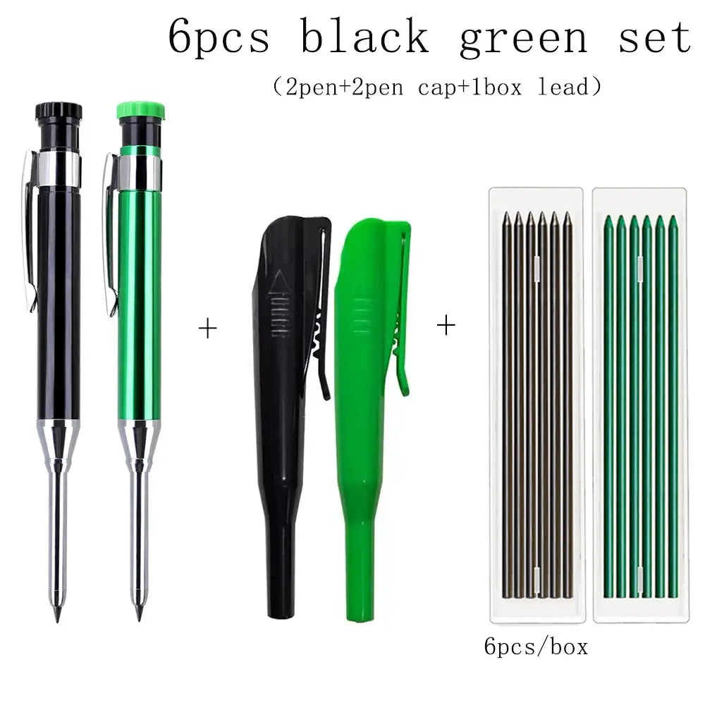 Simples Market 6pc metal carpenter pencil set with black and green pencils, cap sharpeners and lead refills