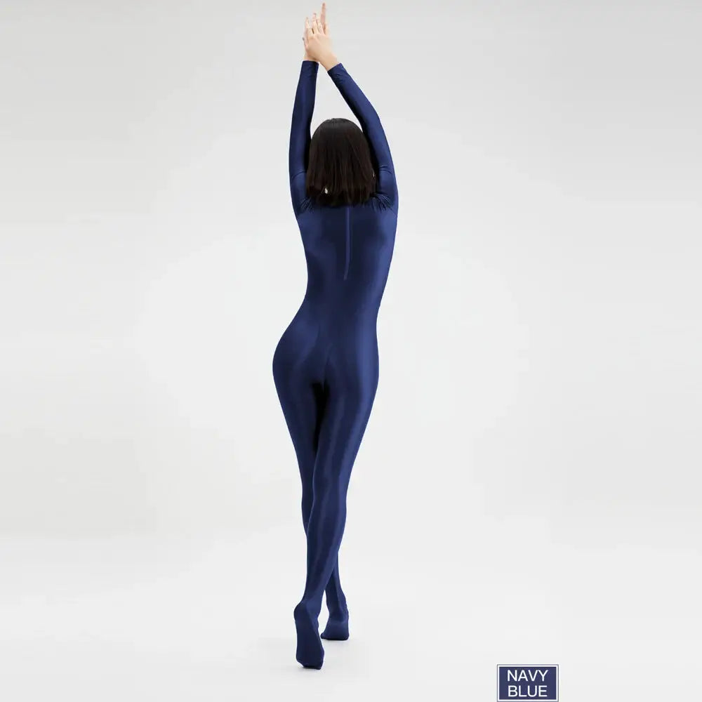 Catsuit navy blue wetlook full-body jumpsuit with back zipper