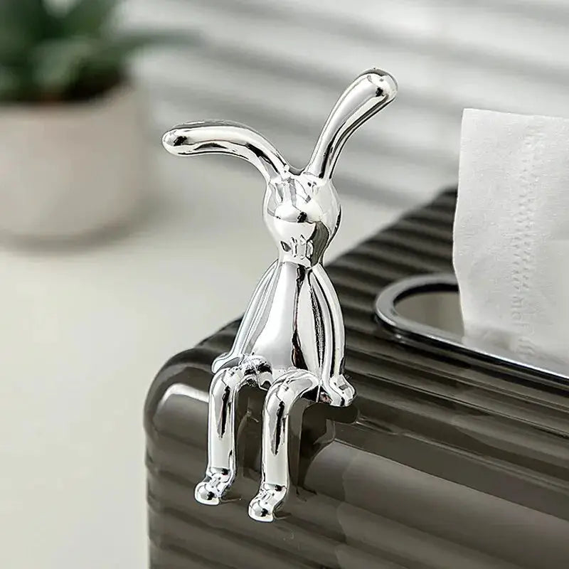 2 Piece Long Eared Rabbit Statues Set Cartoon Silver Electroplated Desktop Ornament for Home Living Room Car Decor