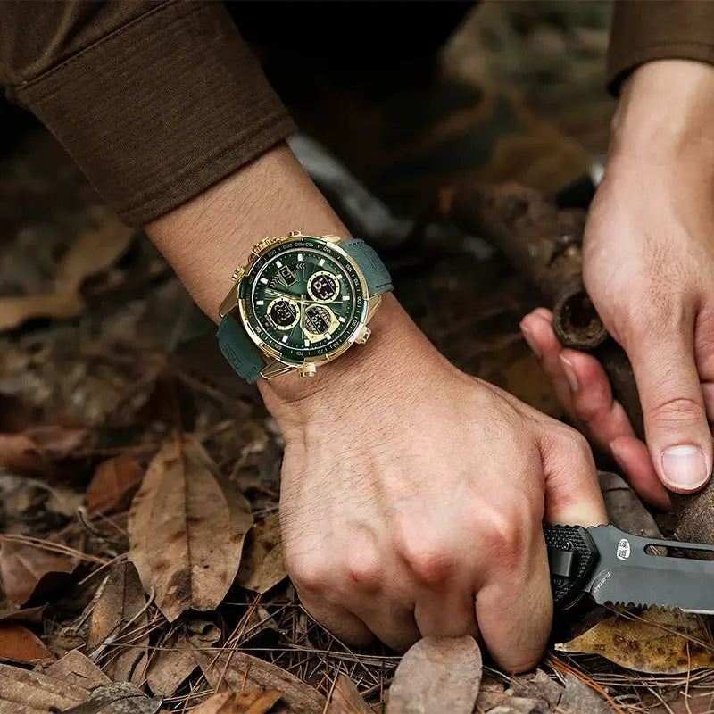 NAVIFORCE men's leather chronograph watch with green dial, green strap, gold-tone case