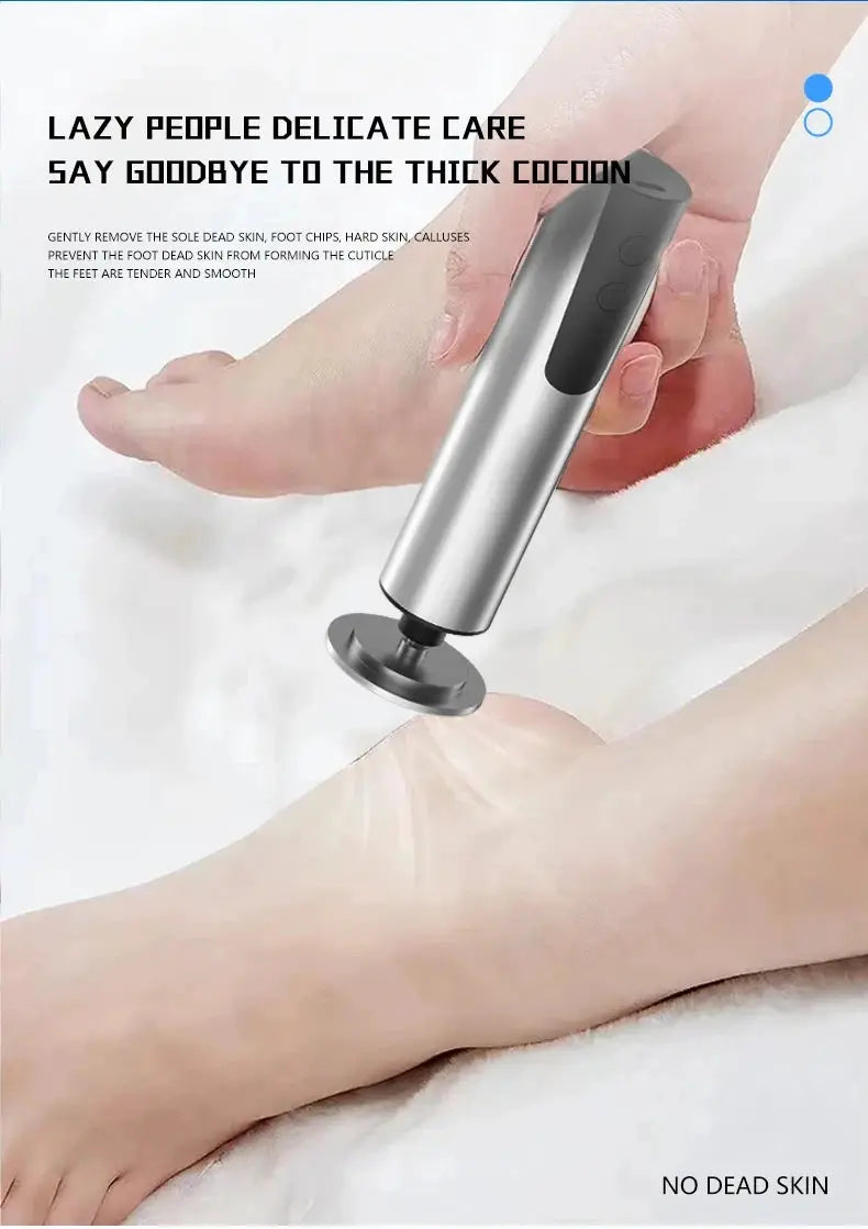 Electric foot callus remover with silver body and black grip, smoothing heels.