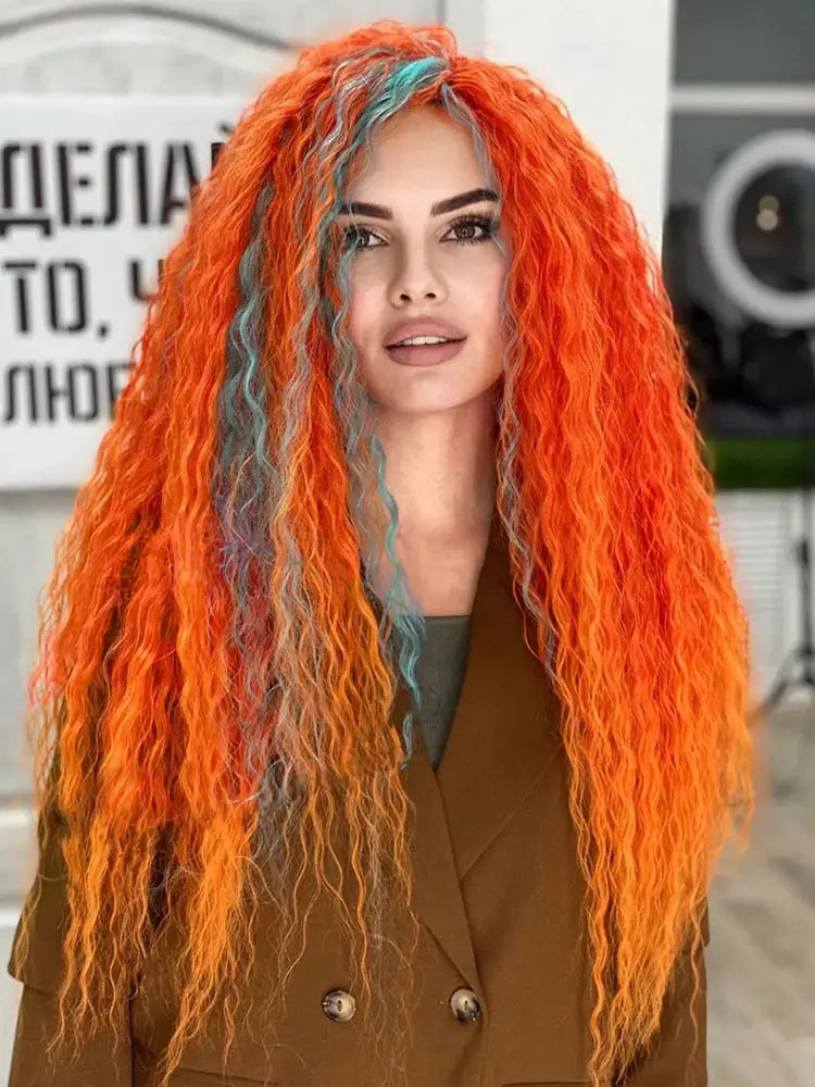Ariel Curl crochet braiding hair, 22in synthetic afro curls with orange ombre and teal highlights