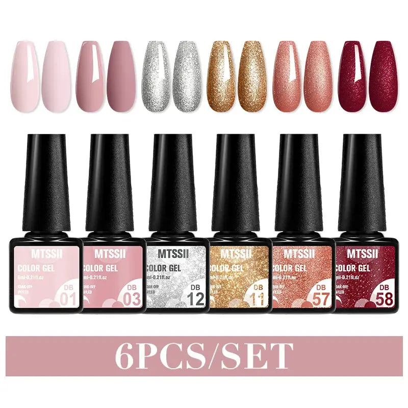 Gel nail polish set by Simples Market, 6-piece kit with pinks and glitter metallic shades