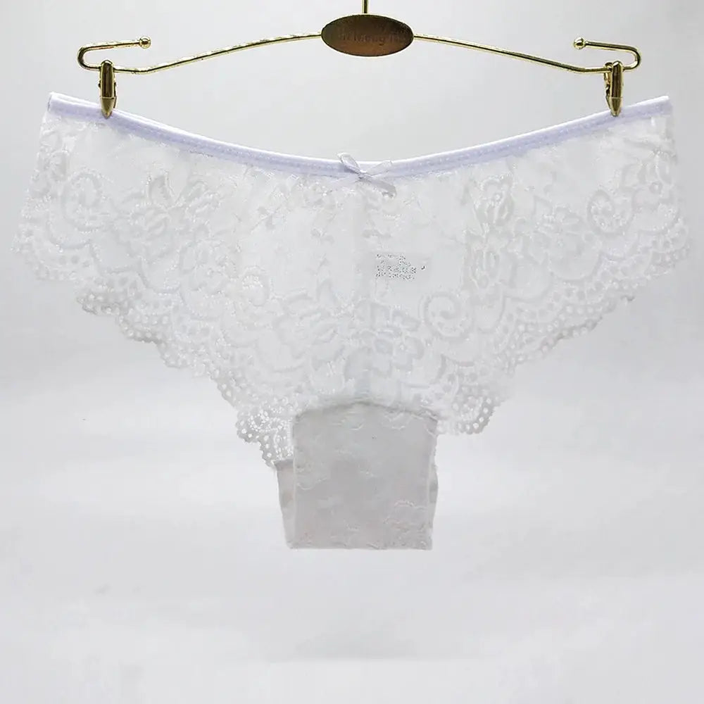 Women lace panties white, low-rise hollow-out briefs, breathable underwear