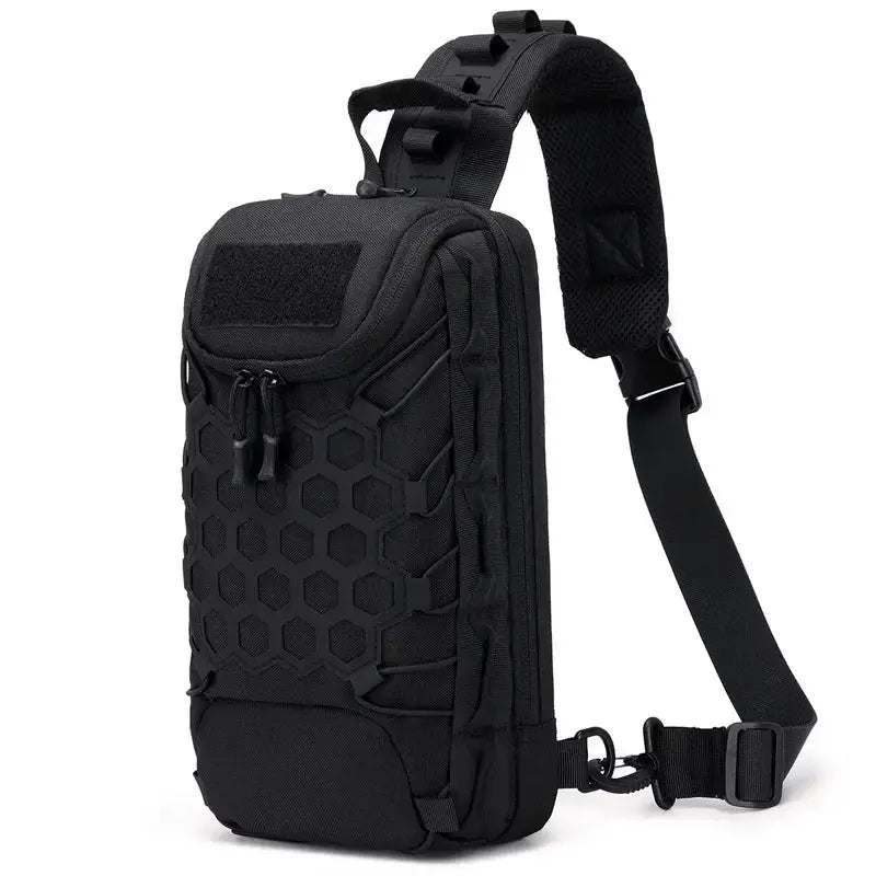 Tactical sling backpack, black with hex mesh front panel for everyday carry