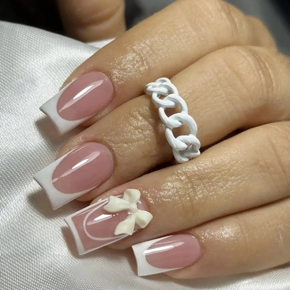 LuxeNail White French Press On Nails 3D Bowknot Full Cover Tips Durable 24Pcs DIY Manicure Set