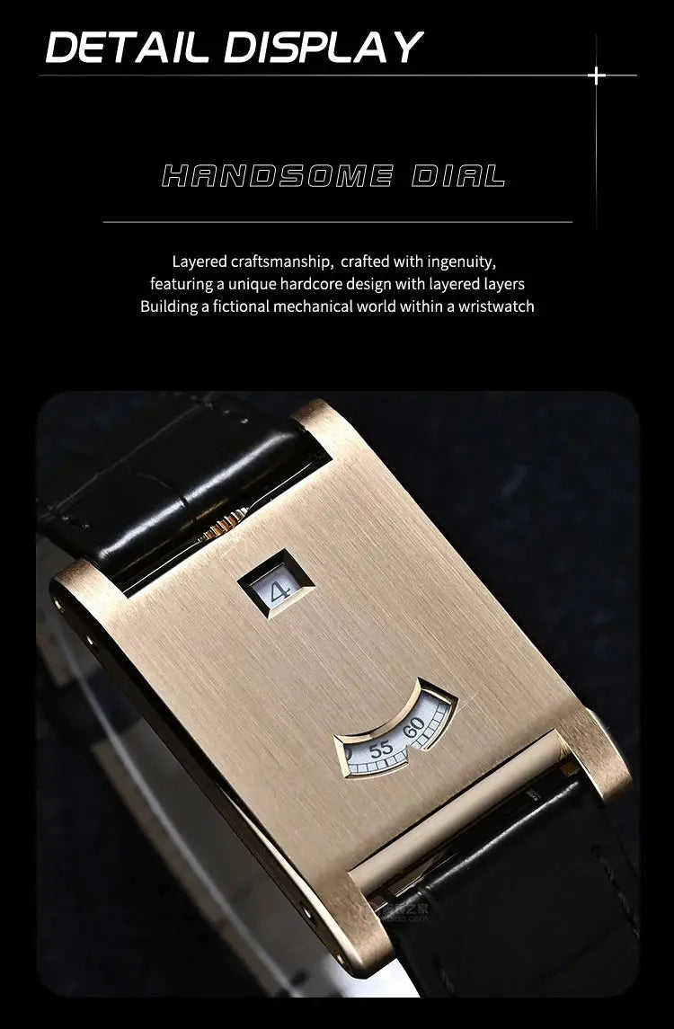 Men's square gold-tone tank watch with black leather strap; date window and elegant mechanical design