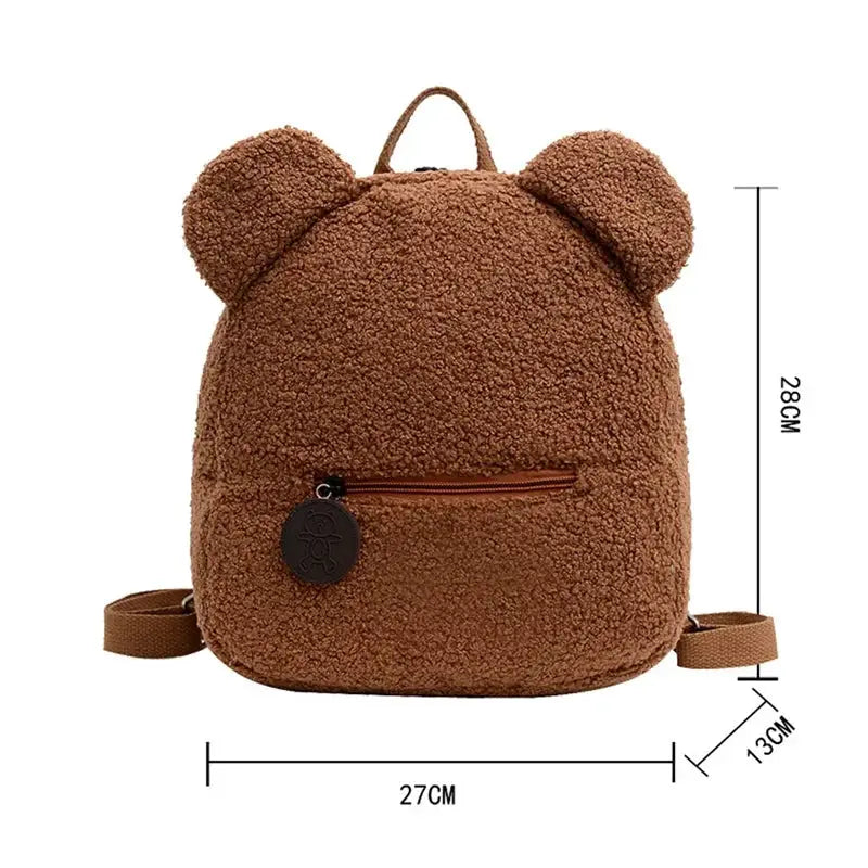 Cute bear-ear brown fleece backpack for kids with front zip pocket and adjustable straps