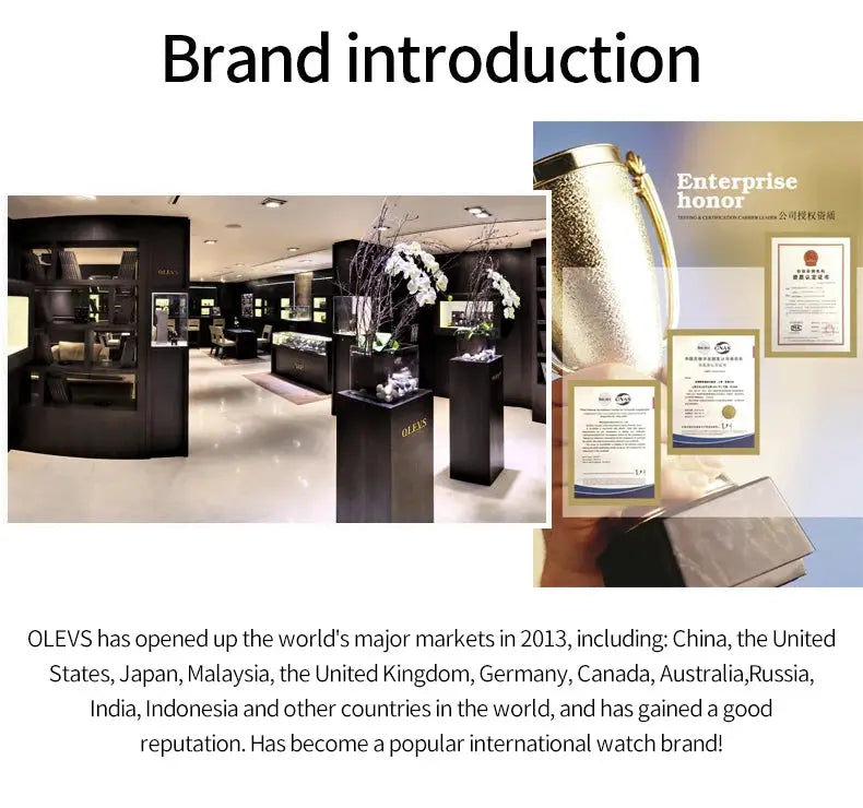 OLEVS brand store interior with display stands and enterprise award certificates